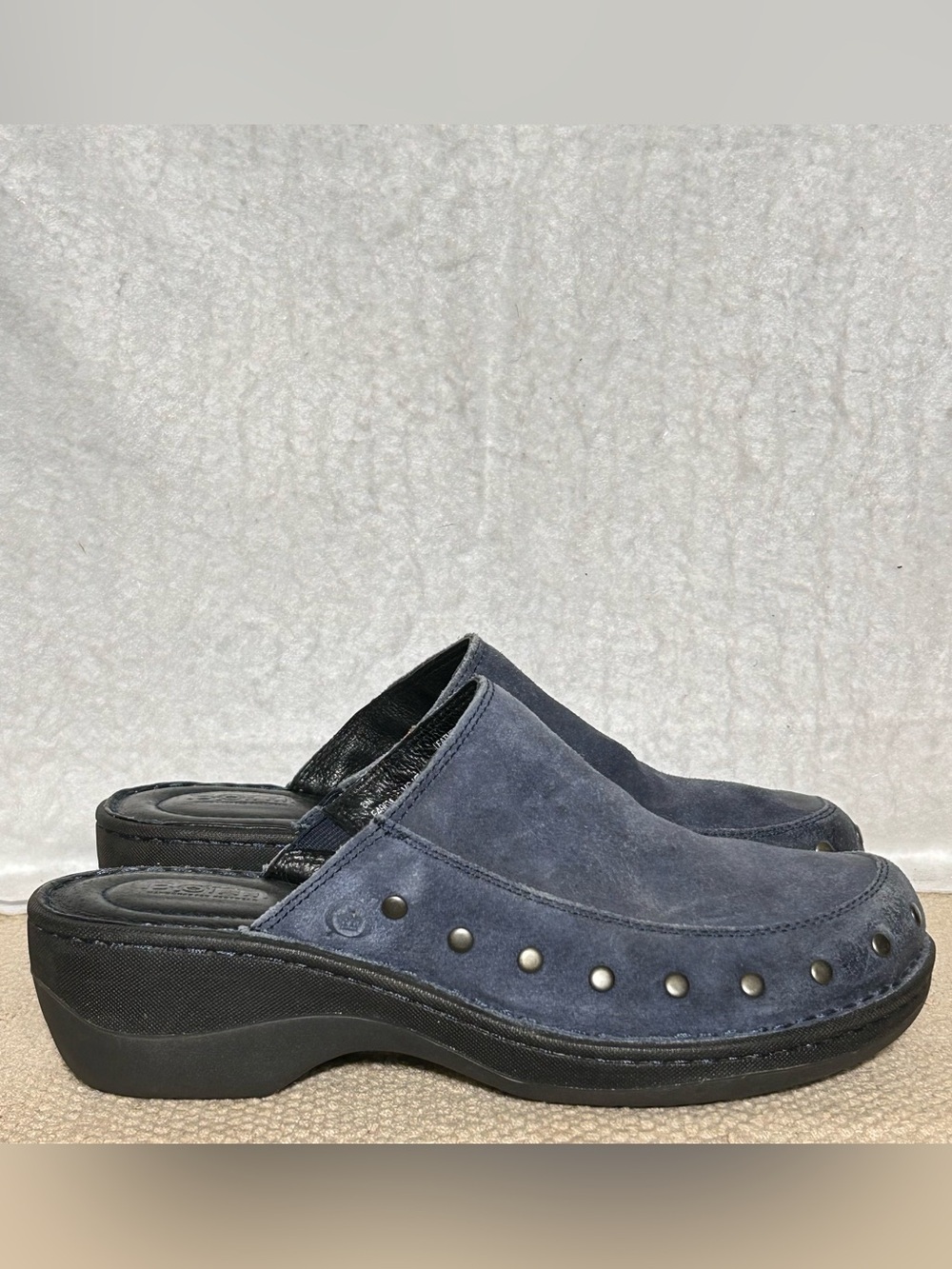 Born Womens Blue Suede Majesty Studded Slip On Wedge Mules Clogs Shoes SZ 8M
